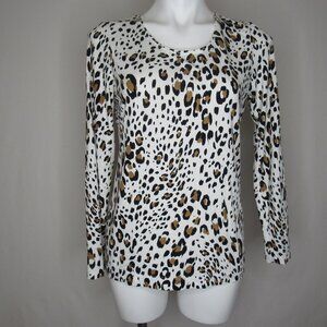 Chico's White Leopard Animal Print Long Sleeve Knit Top Women's 1 M Medium